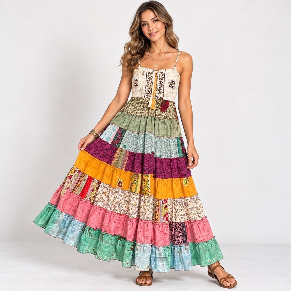 Sacred Threads Maxi Dress Womens XL Multi Color Patchwork Tiered Ruffle Boho